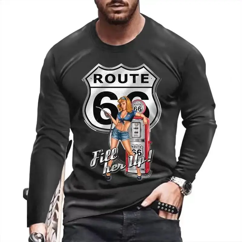 Autumn US66 Printed T-Shirt 3d Vintage Cotton Round Neck Street Pullover New 2022 Fashion Men'S Loose Long Sleeve T-Shirt 5xl