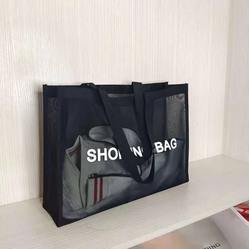 맞춤형 로고 투명 나일론 메쉬 쇼핑백, 투명 대용량 원 숄더 핸드백, 통기성 해변 여행 스토어 4
