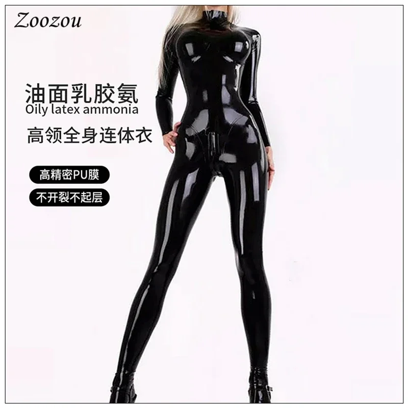

Women Sexy Latex PU Leather Exotic Jumpsuits Black Zentai Cat Suit Zip Open Crotch Wet Look Bodysuits Erotic Club Costume Custom