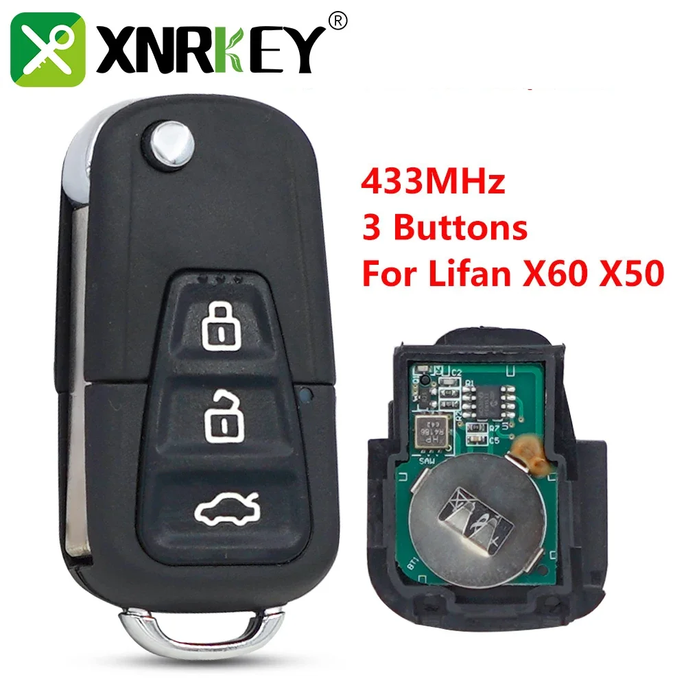 XNRKEY 3 Button Flip Remote Smart Car Key 433Mhz for Lifan X60 X50 720 Replacement Car Key with Uncut Blade