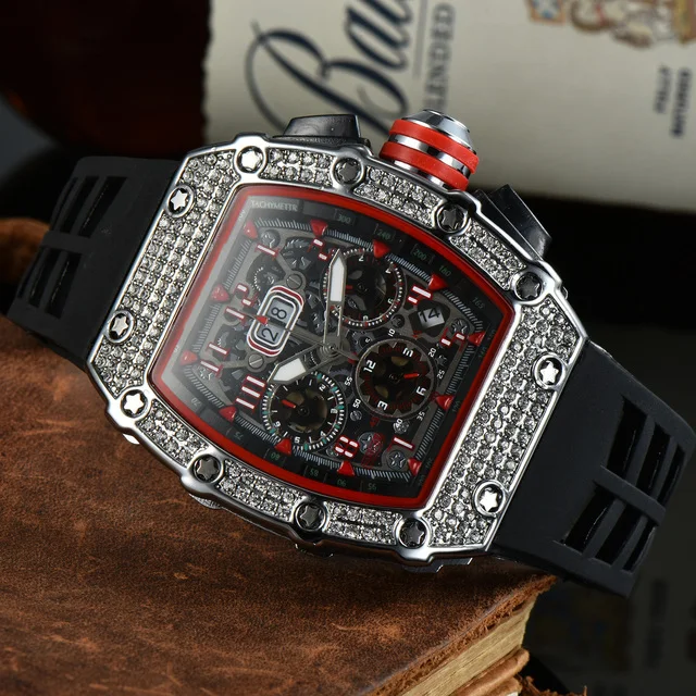 vintage Romantic Watches Luxury Richard new men's high quality diamond quartz watch hollow glass back stainless steel case watch black rubber Romantic Watches discount