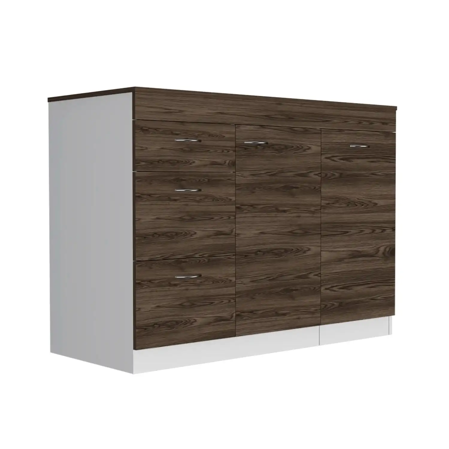 Grecia Kitchen Base Cabinet,Three Drawers, Two Internal Shelves White / Dark Walnut 4