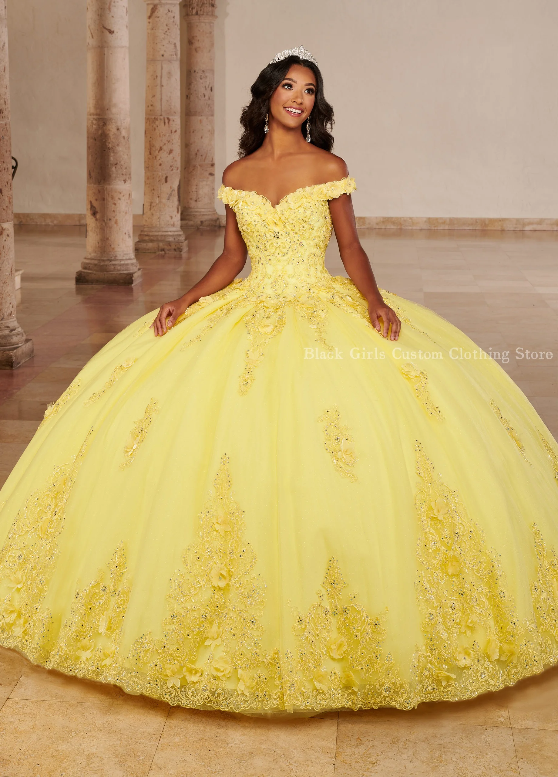 Bright Yellow Princess Quinceanera Dresses Gorgeous One Shoulder 3D Applique Corset 15 Years Mexico Customised vestidos