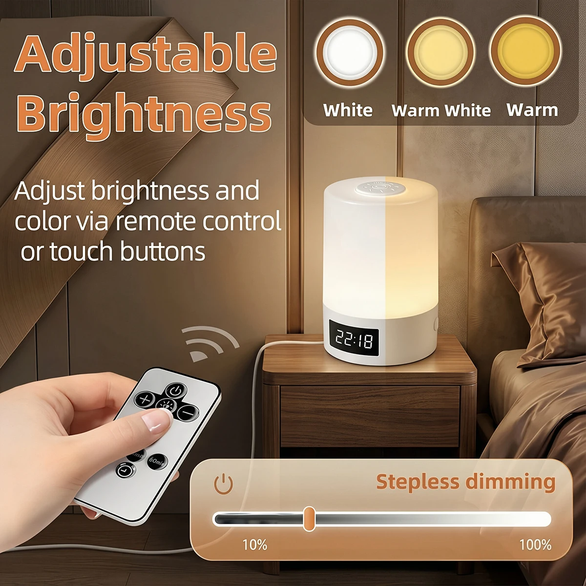USB Rechargeable LED Night Light with Clock - Dimmable 3-Color Soft Glow and Remote Control