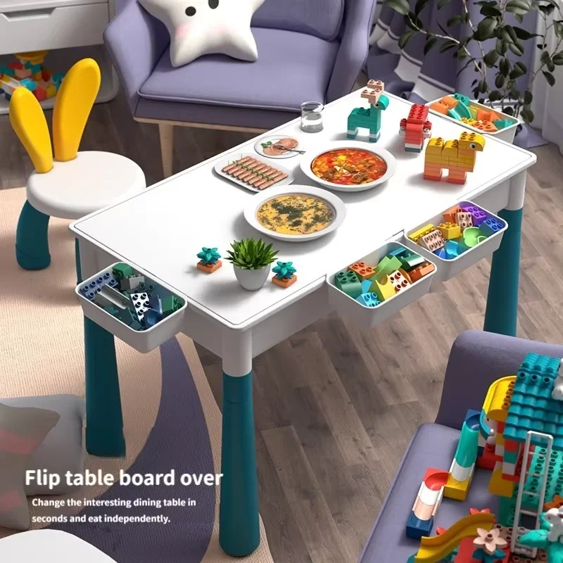 6-in-1 Multi-Purpose Double-Sided Children&rsquo;s Activity Table And Chair Set with Storage Toddler Building Blocks Educational Toys building block toys plastic furniture set