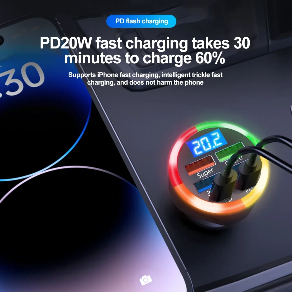 High-Power 200W Clear Case Car Charger with QC3.0 & Type-C PD Fast Charging