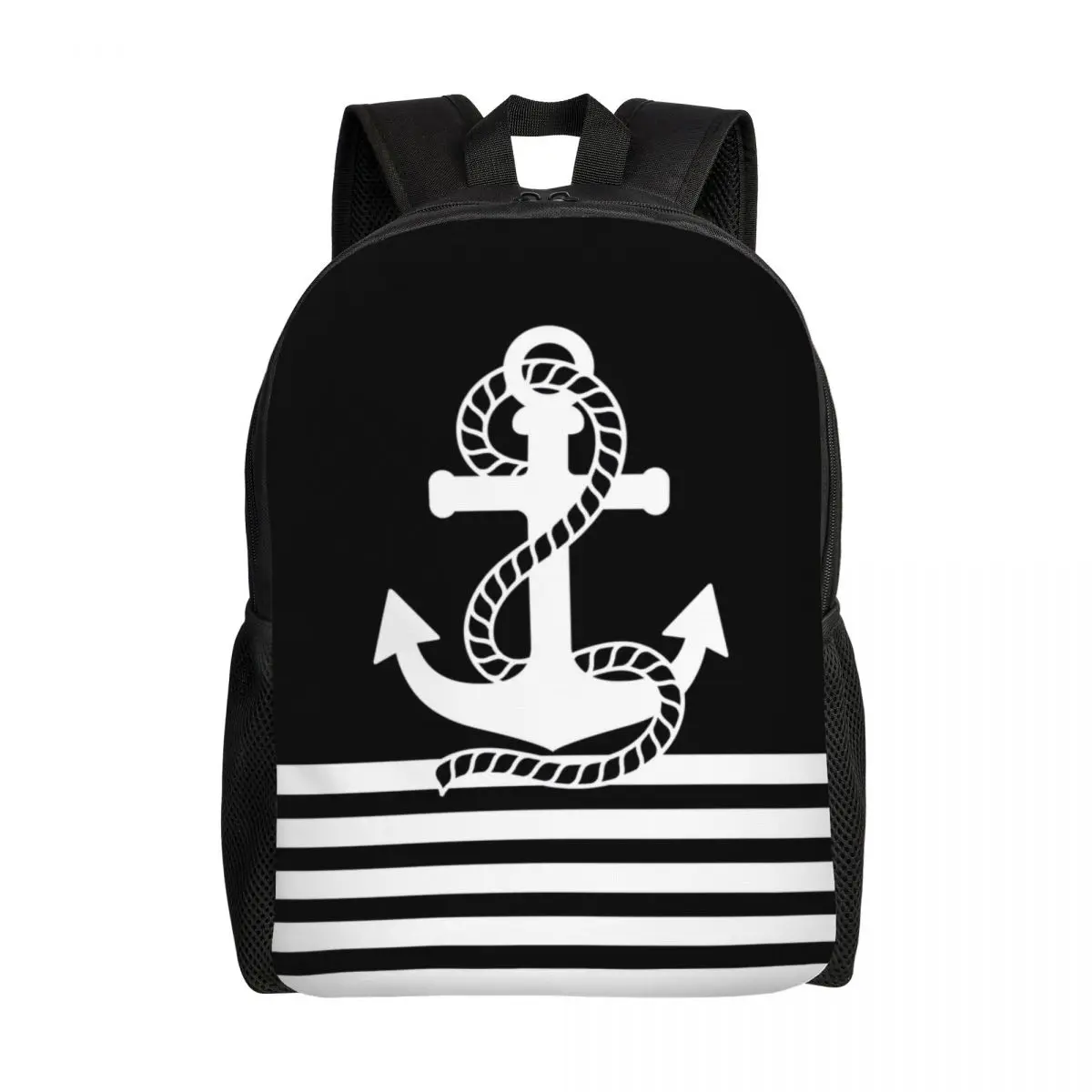 

Black White Nautical Stripes And Anchor Backpack for Boys Girls Sailing Sailor College School Travel Bags Bookbag 15 Inch Laptop