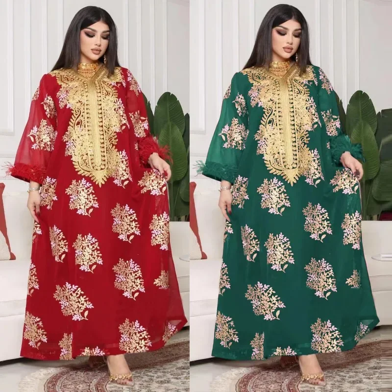 

Muslim Summer New Embroidered Ostrich Feather Gold Lace Dress Dress Evening Dresses Kaftan modest dress vestidos largos