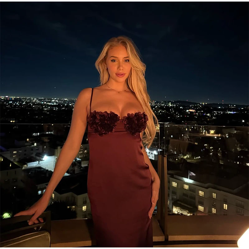 Damen 3D Blumen Satin Slip-Kleid Ärmellos Rückenfrei mit Schnürung an der Taille Figurbetontes Kleid 2026 Abendparty Elegante Damenrobe – Detail 8