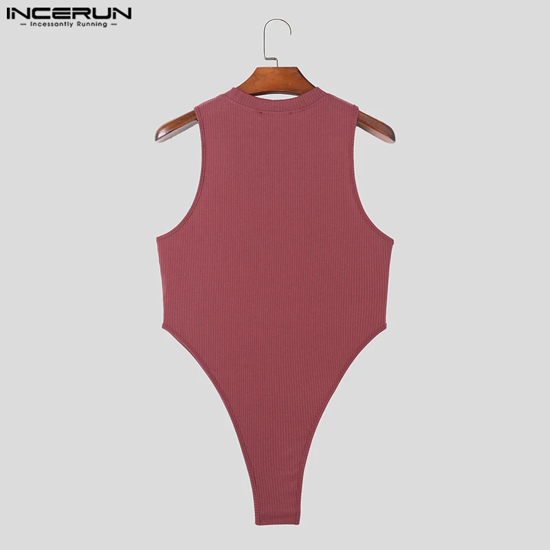 INCERUN 2023 Sexy New Men Bodysuits Casual Knitted Elastic Rompers Fashion Solid Comfortable Sleeveless Triangle Jumpsuits S-5XL