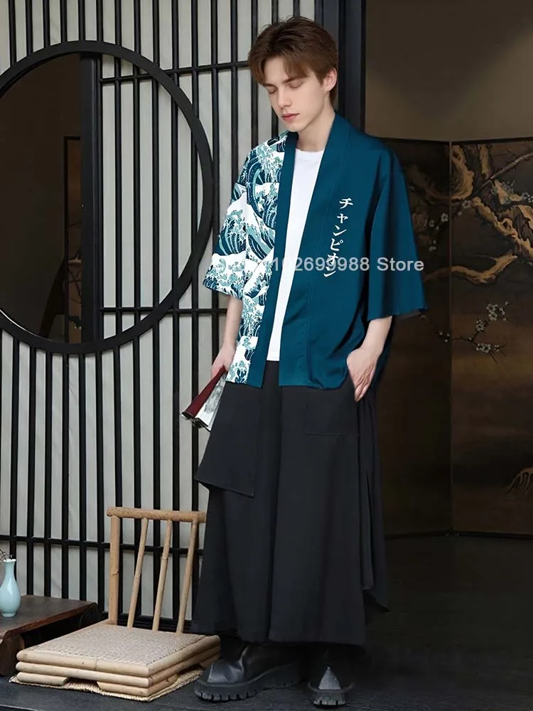 Men Women Japanese Style Kimono Cardigan Letter Print Haori Yukata Summer Harajuku Loose Fit Open Front Shirts