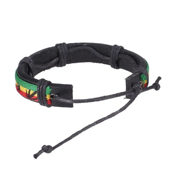 Jamaica Reggae Style Leather Bracelet Adjustable Wristband with Leaf Pattern for Men Women Hip Hop Rasta Wristband