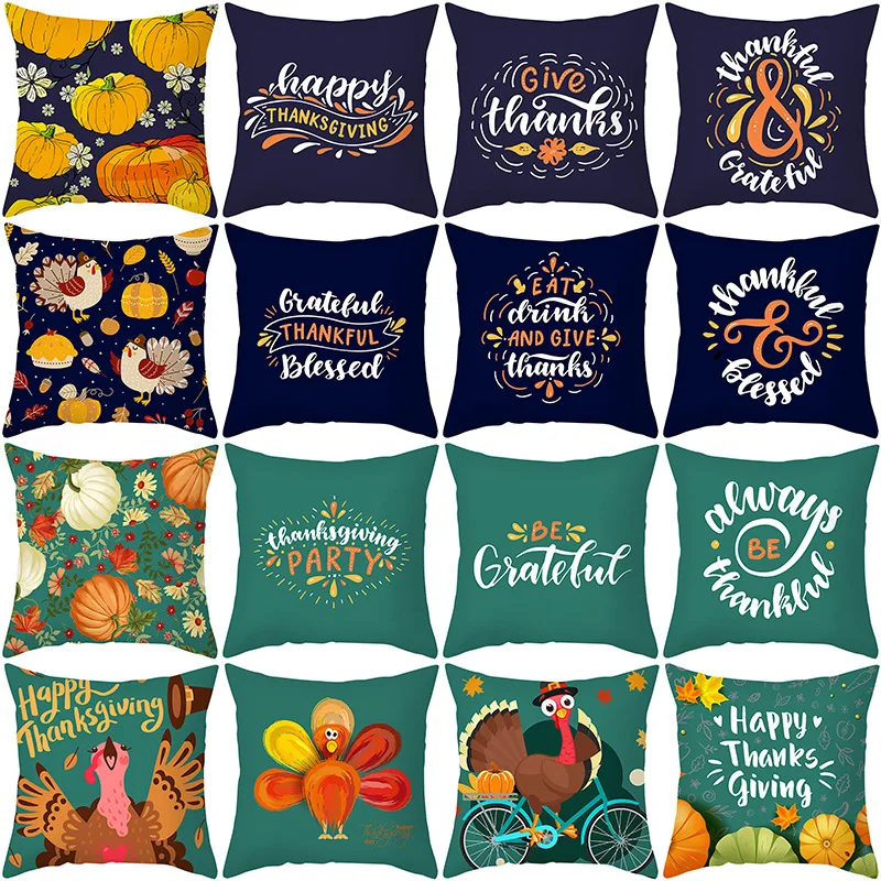

Nordic Thanksgiving Day Home Decoration Letter Print Sofa Pillow Case Cotton Linen Autumn Leaf Pumpkin Turkey Car Cushion Cover