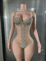 Glamorous Nude Sparkly Rhinestones Pearl Bodysuit See Through Leotard Bar DJ Singer Team Jazz Dance Stage Wear Nightclub Stage