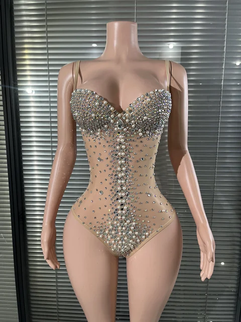 Glamorous Nude Sparkly Rhinestones Pearl Bodysuit See Through Leotard Bar DJ Singer Team Jazz Dance Stage Wear Nightclub Stage