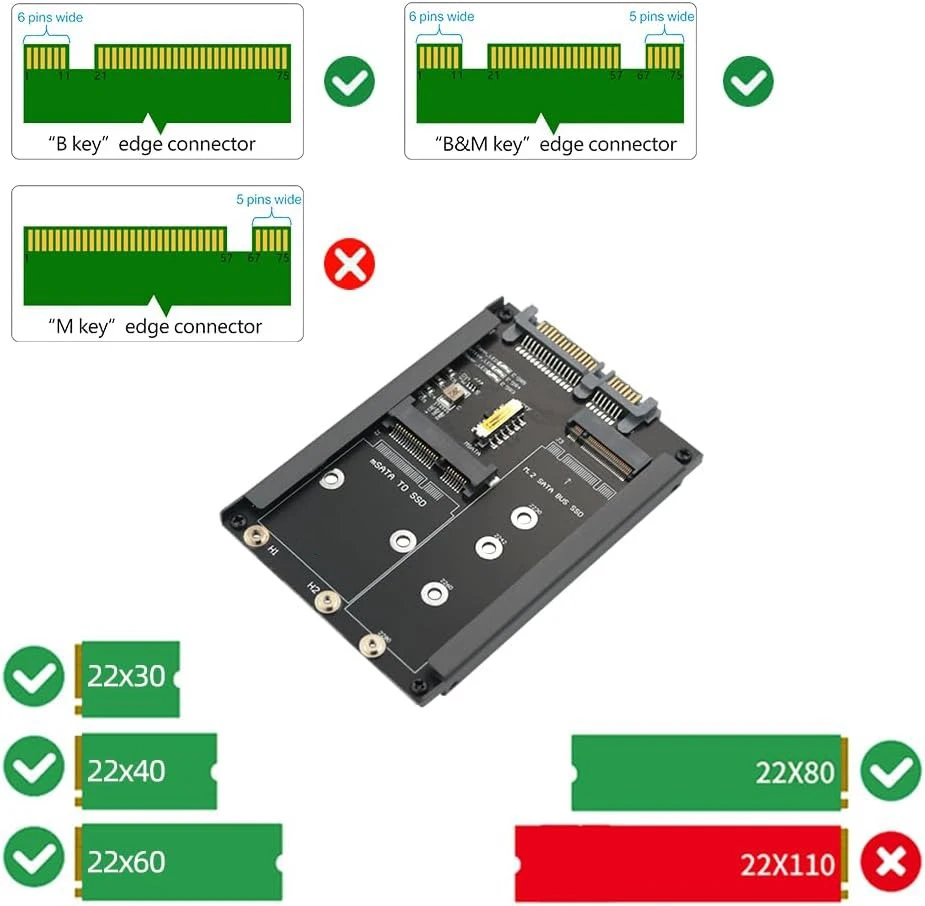 2 in 1 MSATA 및 B 키 SSD를 2.5인치 SATA III로 변환하는 프레임 브래킷 포함, mSATA SSD 7mm 드라이브 M.2를 SATA Ngff 엔클로저 어댑터로 변환합니다.