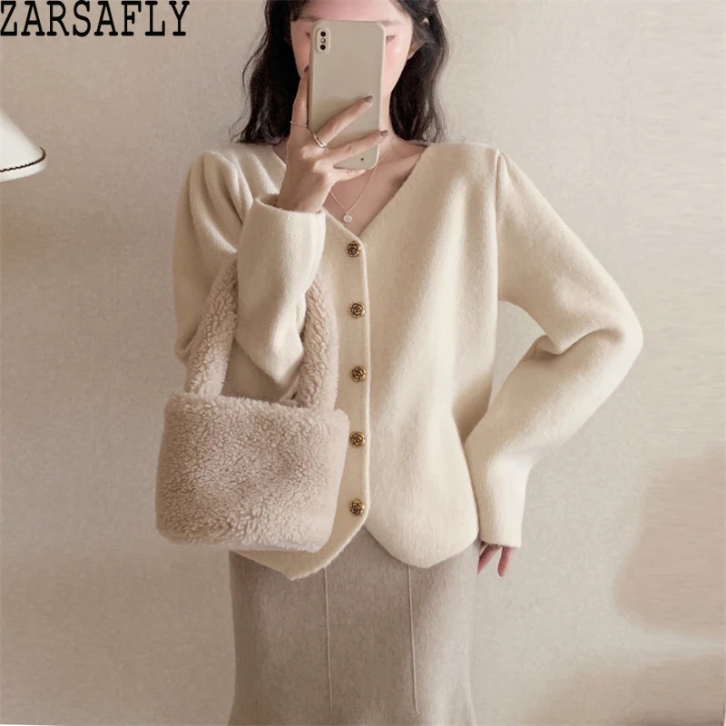 

ZARSAFLY V-neck Short Knitted Cardigan Women Fall Winter Korean Flowers Buttons Long Sleeve Sweaters Coat 4 Colors