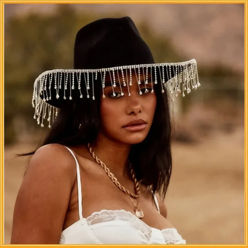 Diamond Fringe Bride Cowgirl Hat Summer Vintage Cowboy Hat Rhinestone Fringe Cowgirl Gift for Women Girl Western Hat