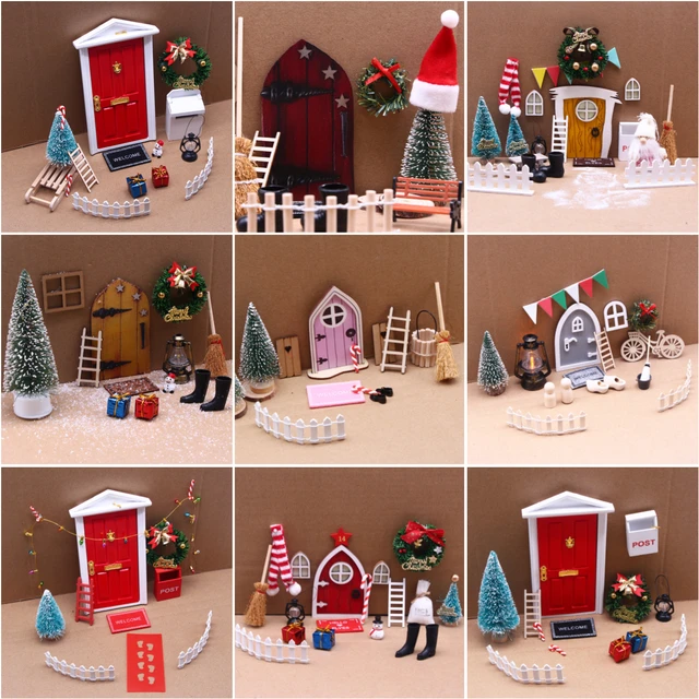 Doll House Elf Door Set Christmas Decor Fake Light String Hat Wreath Mini  Tree Gift Boxes Fairy Toy House Miniature Scene Model