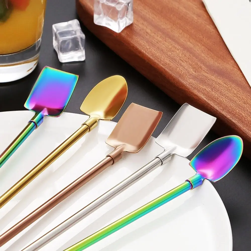 2 in 1 Straw Spoon Stainless Steel Pointed Square Shovel Bar Ice Scoop Cocktail Coffee Stirring Spoon Reusable Hot Proof Straw