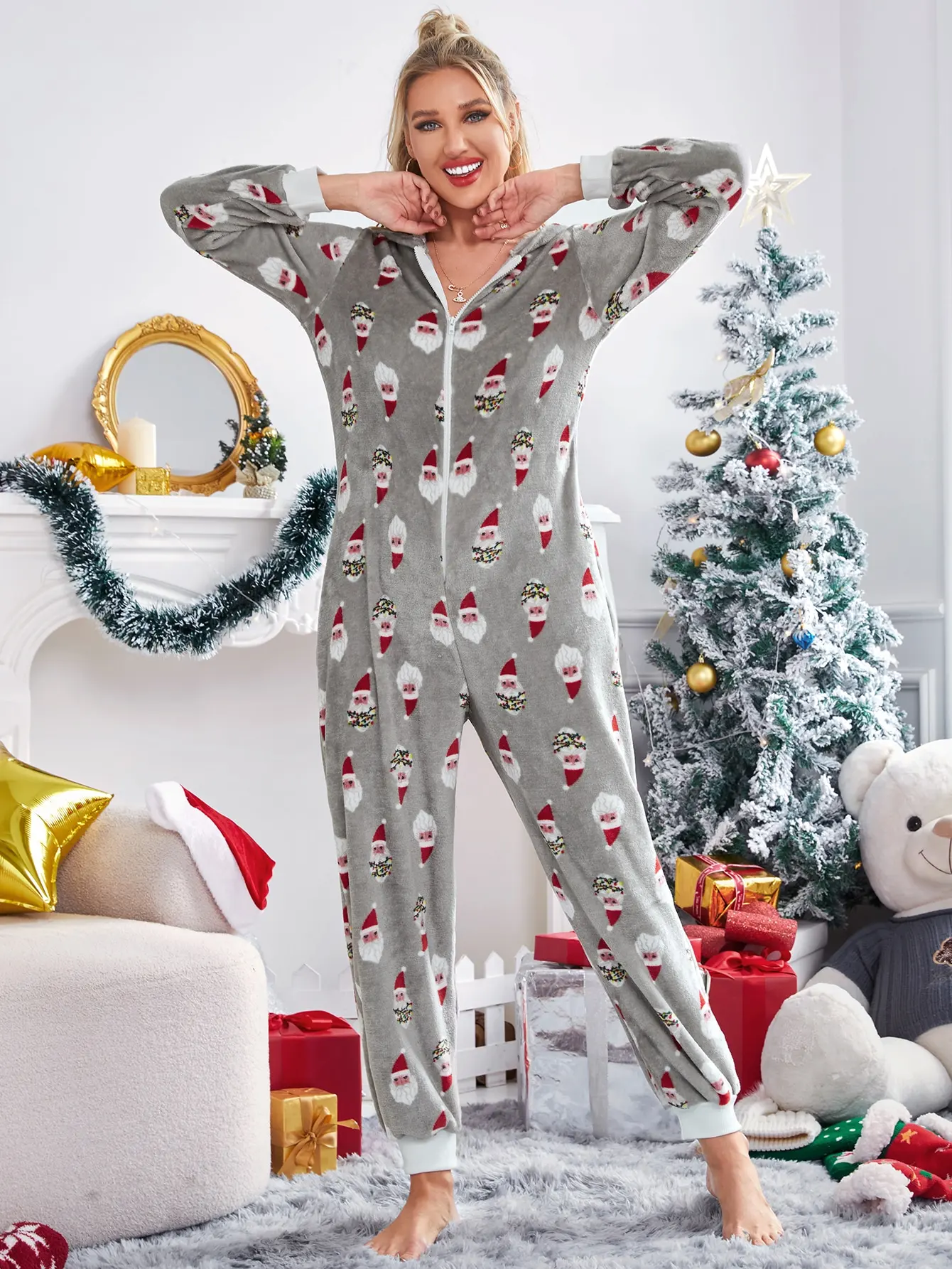 Women Bodysuit Sleep Wear Set Christmas Hooded Jumpsuit Long Sleeve Zip Up V Neck Cartoon Print Pajamas Winter Warm