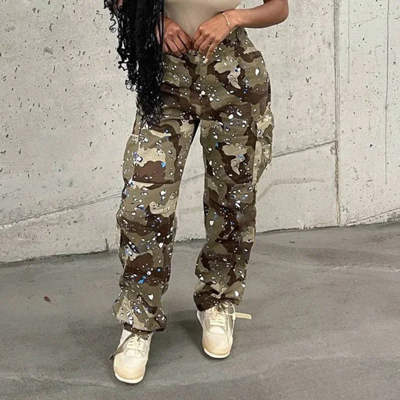 

Camouflage Baggy Cargo Pants Women Fashion Pockets Patchwork High Waist Straight Trousers Casual Streetwear Y2K Pants