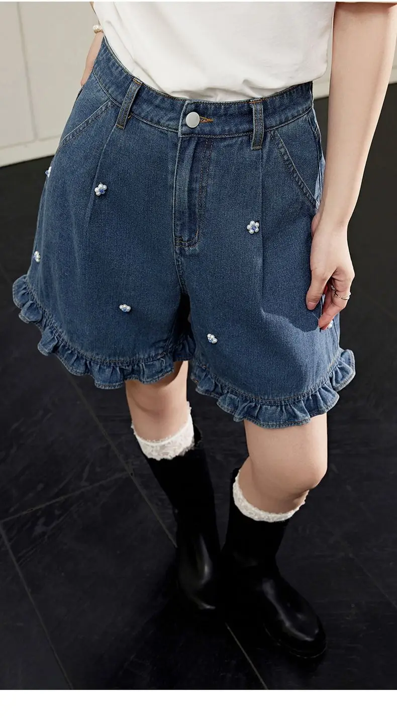 

Denim Shorts Ruffles Korean Women Flower Decoration Basic Wide Leg Solid Pockets Summer Thin Loose Soft Vintage Shorts Girls