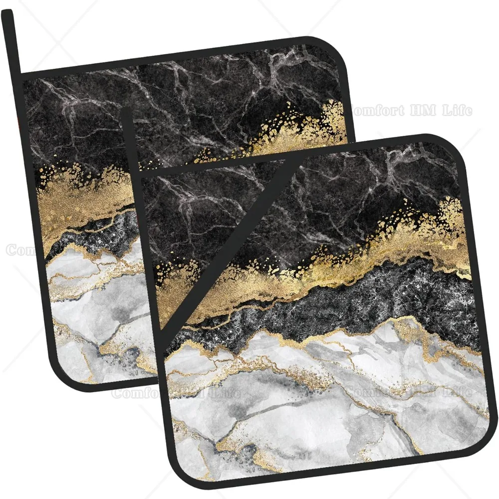 White Black Gold Marble Pot Holders Set of 2 Kitchen Heat Resistant Potholder for Microwave Cooking Baking Oven End Dishes BBQ