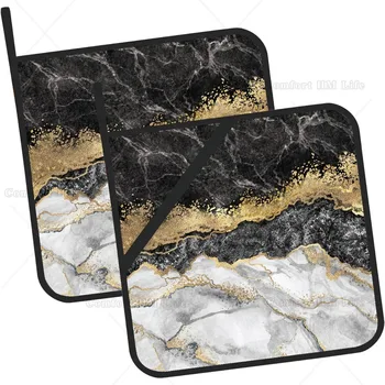 Pentole in marmo bianco nero oro Set di 2 presine da cucina resistenti al calore per microonde, cottura al forno, piatti per barbecue 1