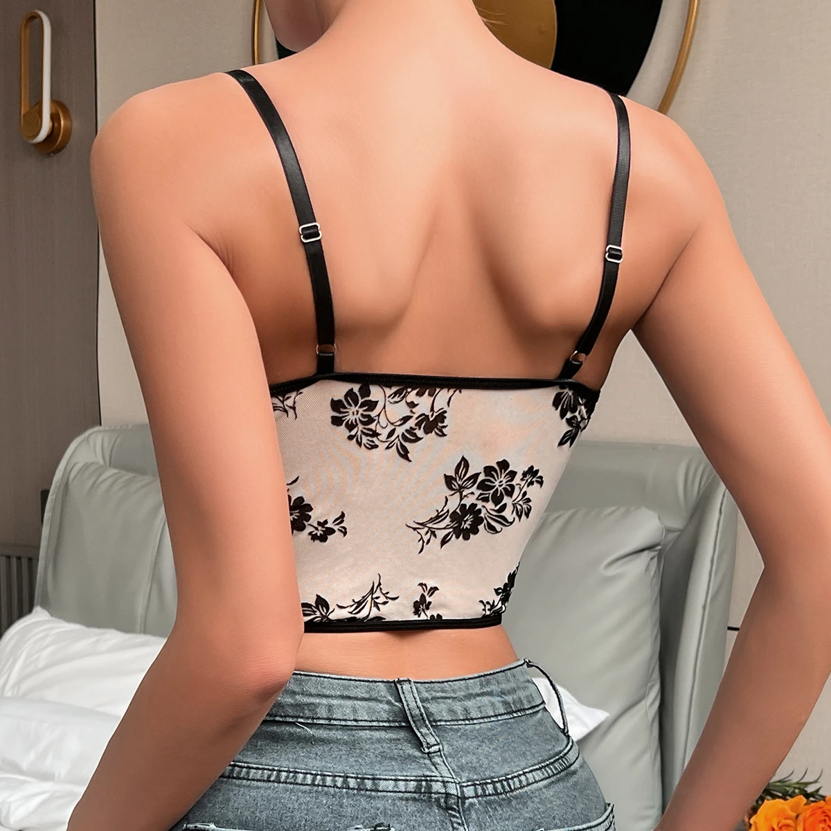 Vemina Hollowing Mesh See Through Embroidery Slim Crop Top, Spaghetti Strap Sexy Strappy Tank Vest,Lace Halter Camisole Corset