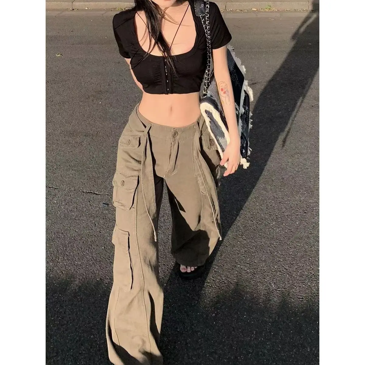 

vintage streetwear gray overalls wide leg cargo women pants Retro women's trousers sexy low waist loose casual trousers
