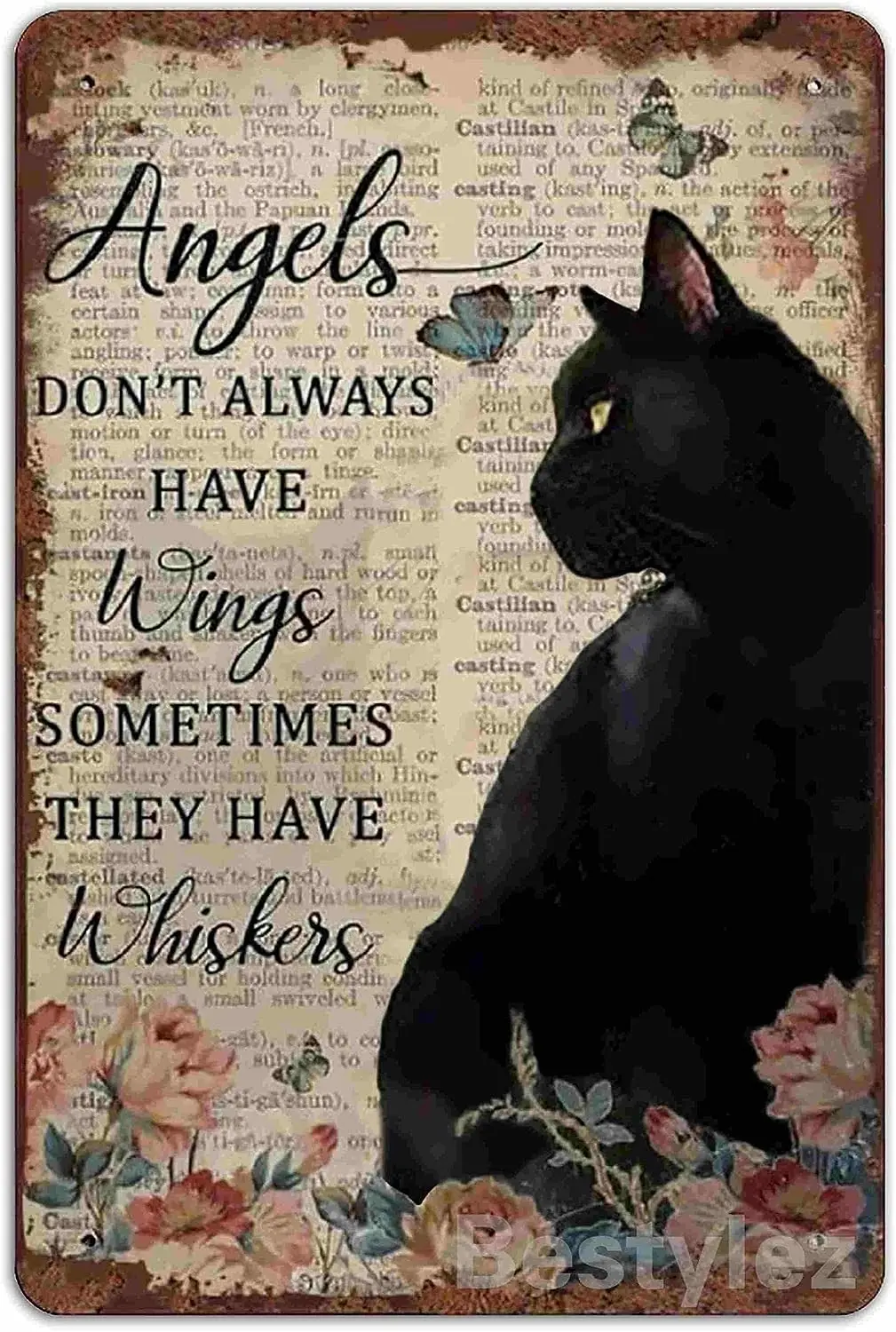 

Angels Don't Always Have Wings Tin Sign Vintage Floral Black Cat Wall Decor, Cat Memorial 8 x 12 Inch (923)