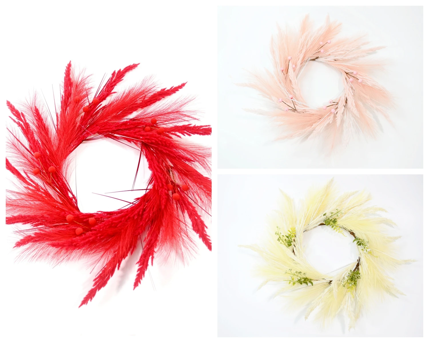 22 Inch Pampas Reed Wreath Fluffy Feathers Pom Pom Berries Plastic Plants