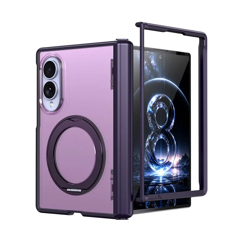Ultra Slim Magnetic Foldable Phone Case with 360° Rotating Ring Stand and Hinge Cover