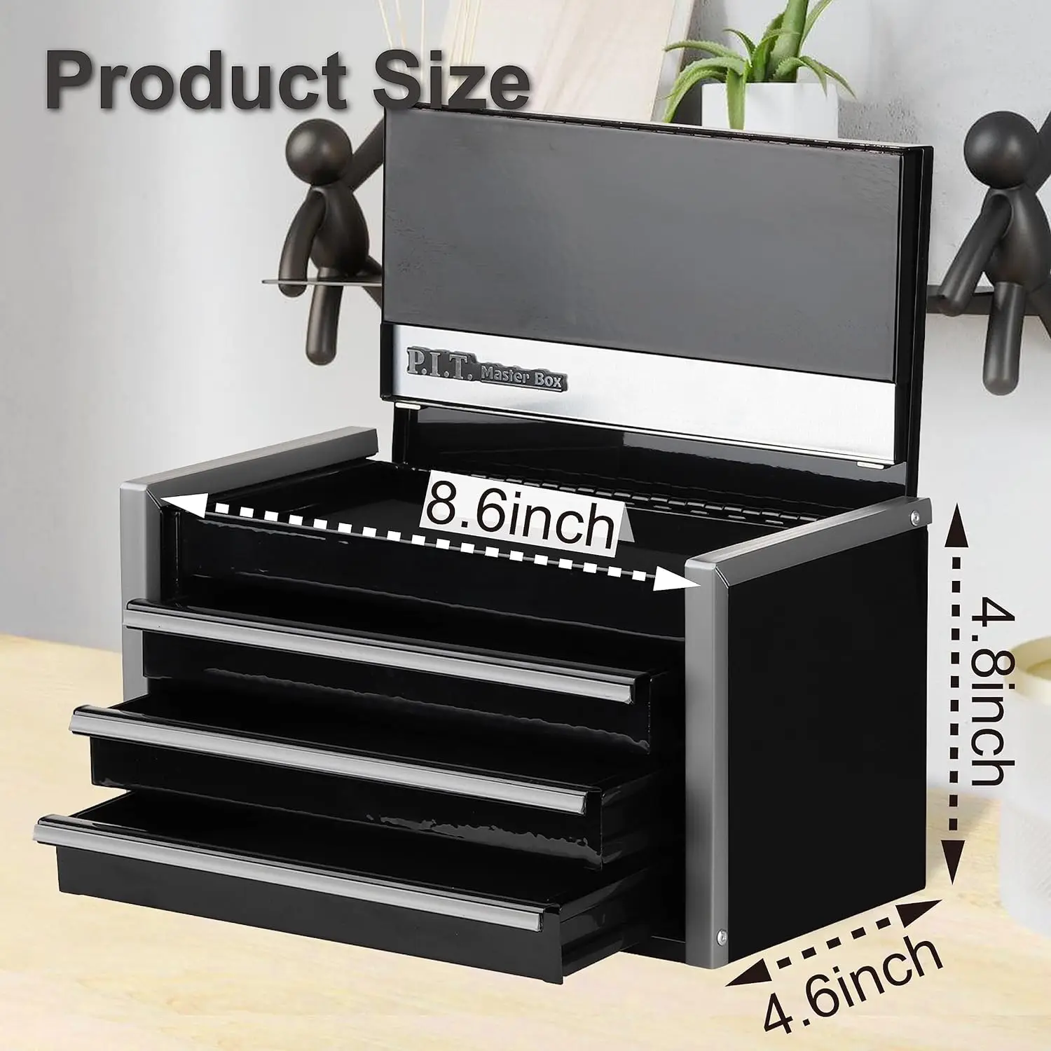 P.I.T. Mini Black Portable 3 Drawer Steel Tool Box Magnetic Tab