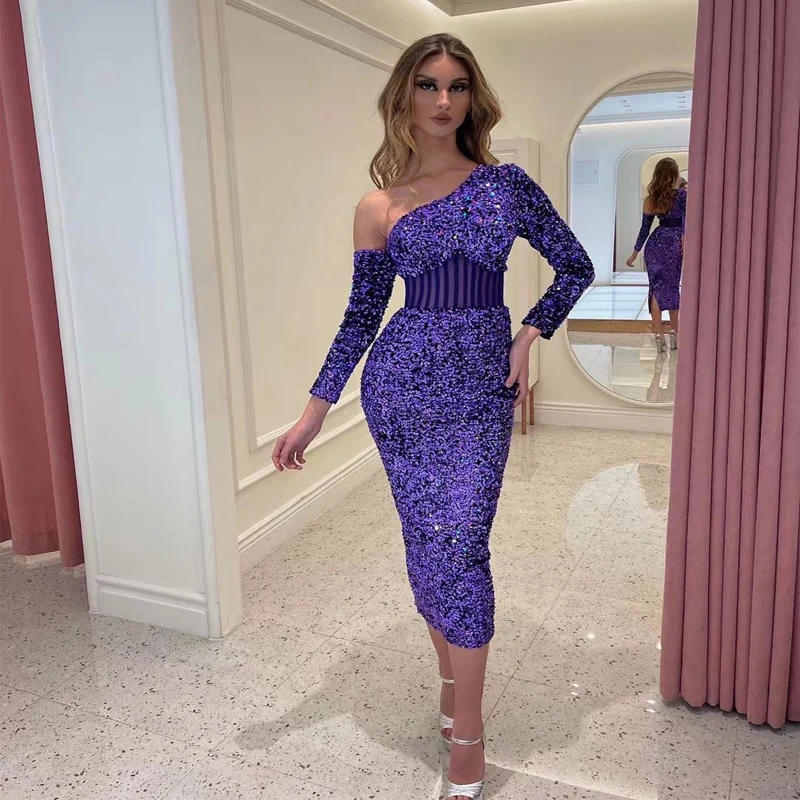 

Wholesale Women's Blue One Shoulder Long Sleeves Sequins Sexy Evening Show Celebrity Cocktail Party Mid-Length Dress