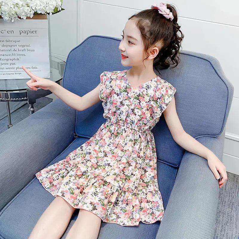 

Child Summer Party Dress for Kids Girl Fashion Floral Dress Girl Princess Chiffon Dress Size 2 To 12 Years V-neck Pleated Dress