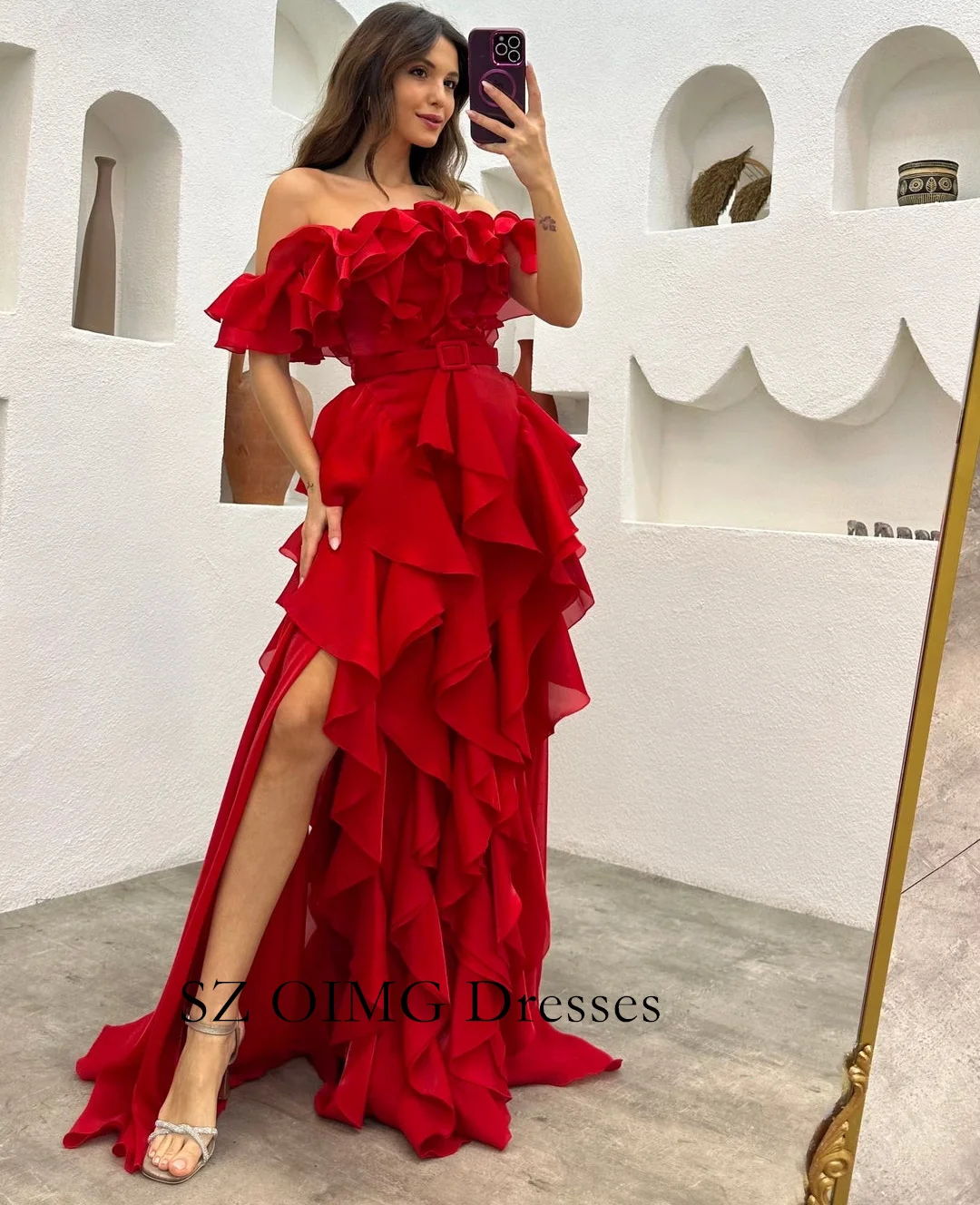 

OIMG Elegant Strapless Fashion Evening Dress Prom Gowns Short Sleeves Taffeta Vintage Ruffles Wedding Party Gowns For Women 2024