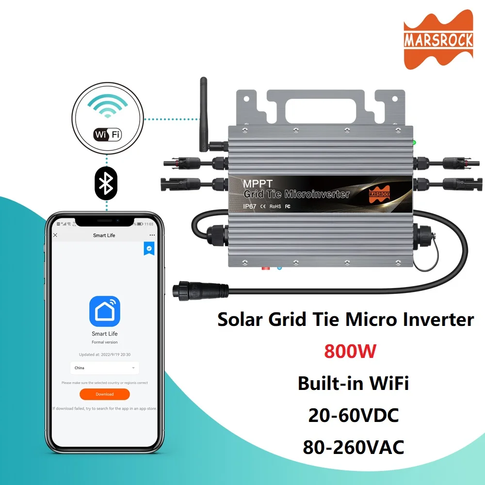 800W Mppt Solar Grid Tie Micro Inverter Wifi Integrato Per 20-60Vdc E 80-260Vac, Con Spina Europea Gratuita, Collegamento Massimo 2*400W Pv