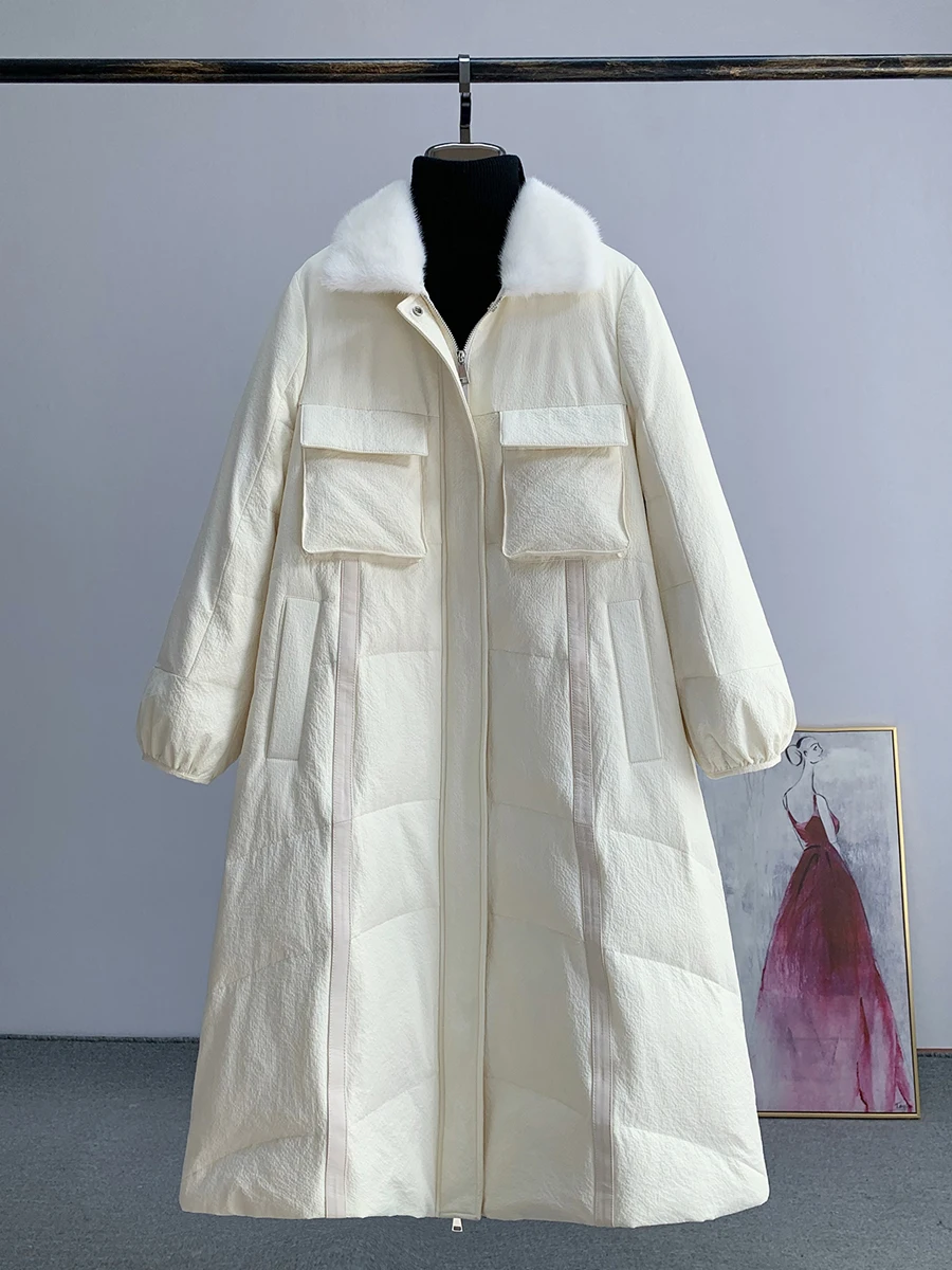 

Luxury A-line Long Women's Winter Coat Mink Fur Collar Warm Down Parkas Snow Wear 2022 New Lapel Pockets Female Puffer Jacket