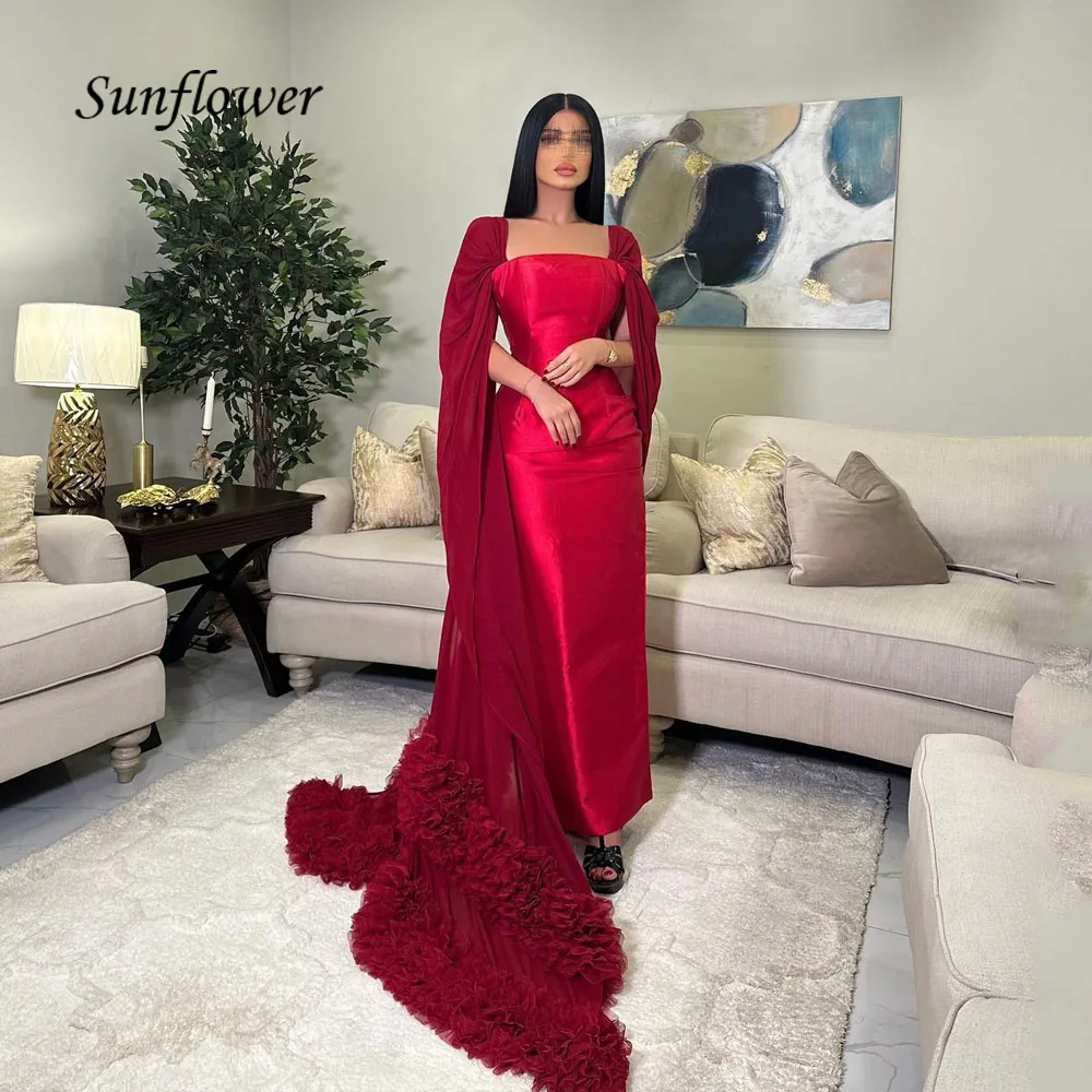 

Sunflower Square Collar Formal Evening Dress 2023 Slim Satin Mermaid Prom dress Chiffon Long Sleeves Floor-Length Party Dress