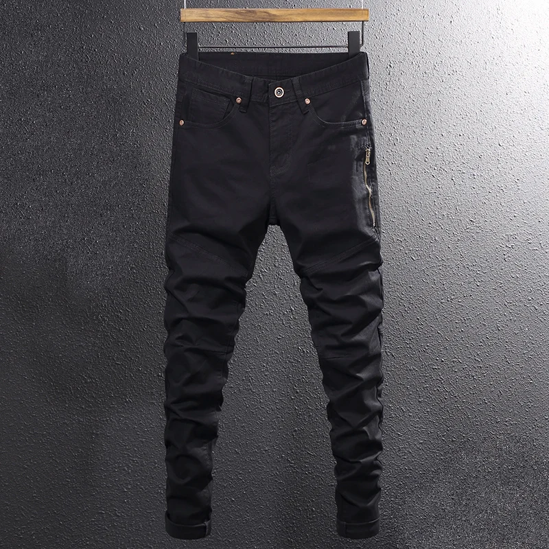 Fashion Streetwear Men Jeans Black Stretch Slim Fit Spliced Designer Jeans Men Punk Trousers Zipper Pocket Hip Hop Pants Hombre