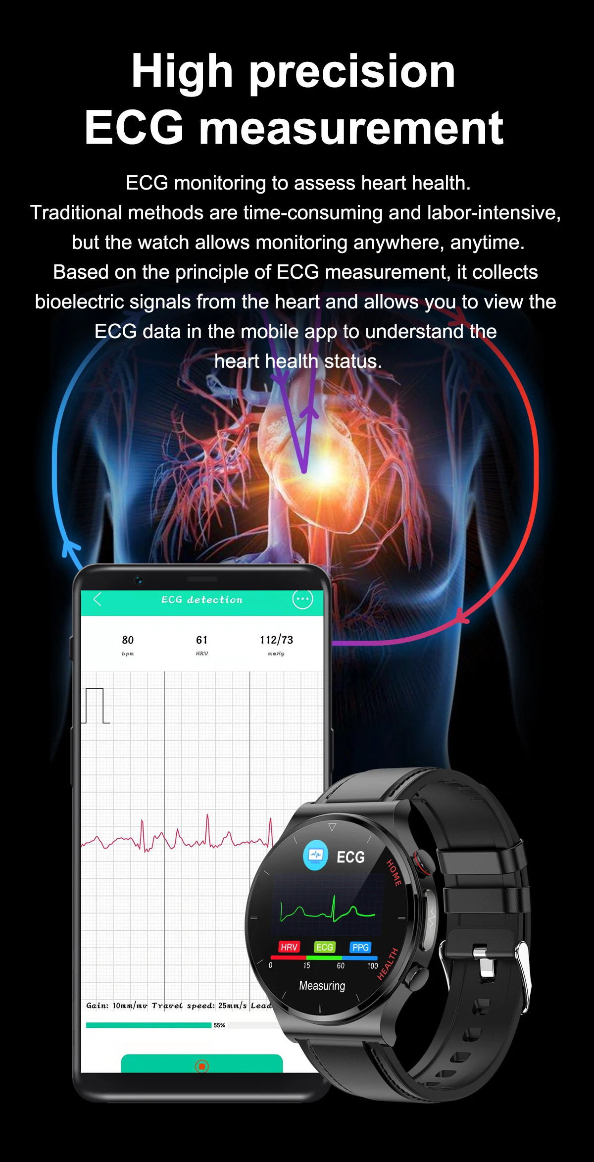 VWAR Men Smart Watch Laser Treatment Health Fitness Tracker ECG Heart Rate Blood Pressure Waterproof Smartwatch for IOS Andro