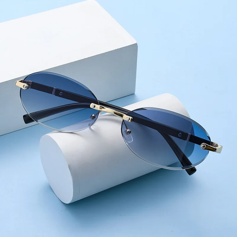 Oval & Round Rimless Sunglasses for Women Men - Fashion Lightweight UV Protection Shades, Trendy Summer Travel Eyewear 선글라스