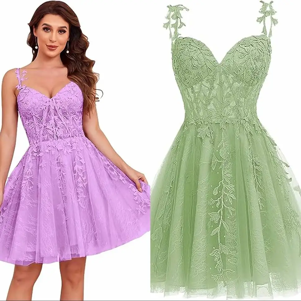 Short Homecoming Dresses for Teens Lace Applique Tulle Spaghetti Straps Prom Dress Mini Cocktail Party Dress Free customization