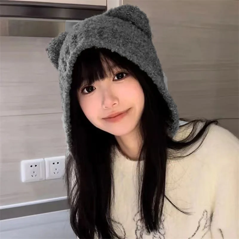 

Cute Teddy Bear Ear Knitted Hat Autumn Winter Ear Protection Knitted Cap Warm Thickened Wool Solid Color Elastic Hat for Outdoor
