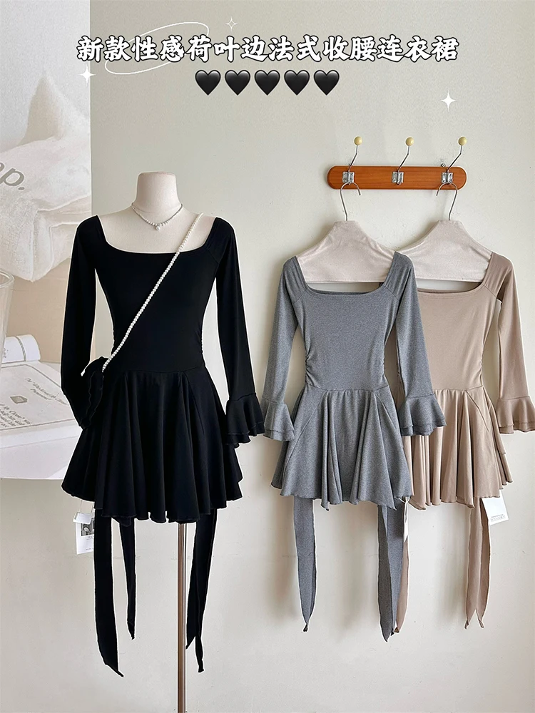 

Ruched Black Dress Women Square Collar Long Sleeve Slim Mini Dress Spring Korean Fashion Folds Ruffles Bodycon Dresses