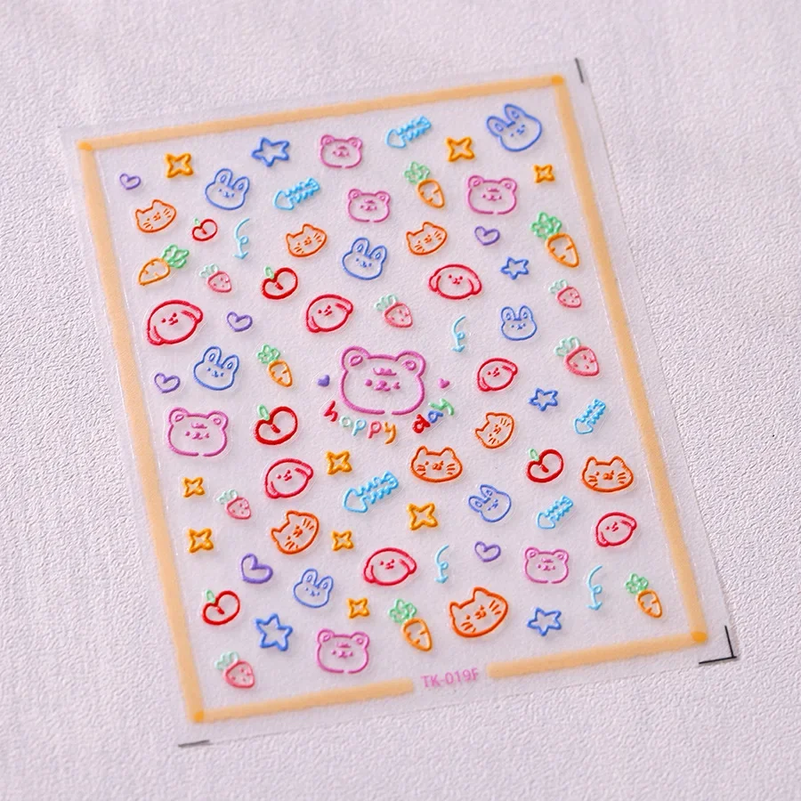Lovely Colored Graffiti Bear Rabbit Cat Puppy Carrot Fishbone Stars 3D Flat Self Adhesive Nail Art Stickers Cute Manicure Decals 6