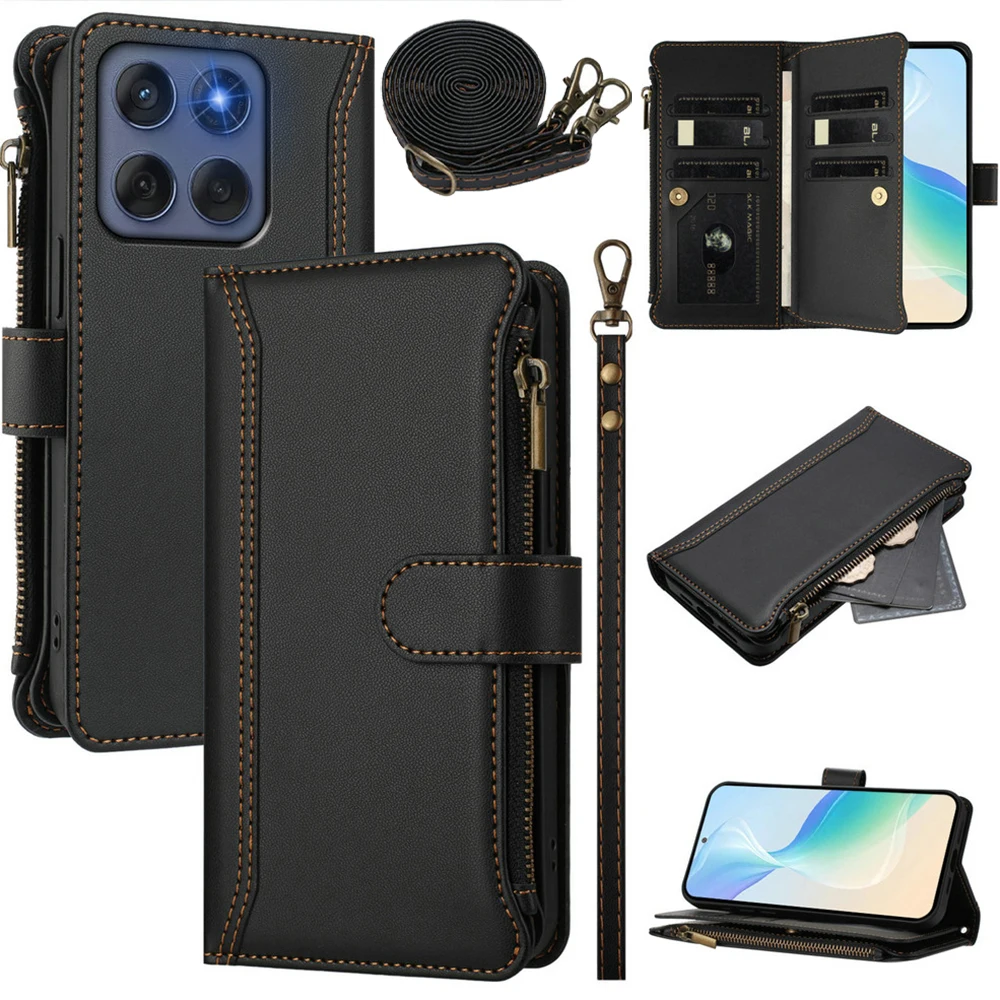 Elegant Crossbody Zipper Leather Wallet Case - Luxury Flip Cover