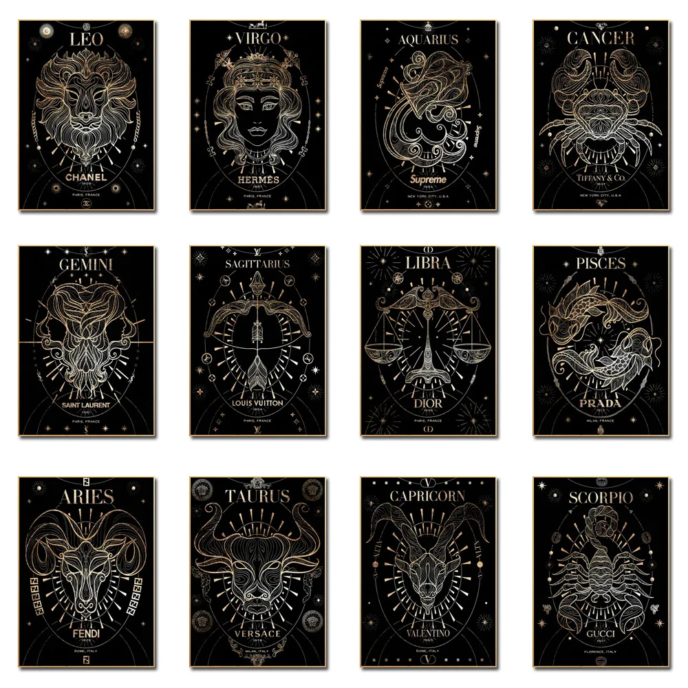 

Luxury Dark And Golden Fashion Constellation Astrology Poster Libra Aries Pop Art Canvas Prints Abstract Horoscope Wall Painting